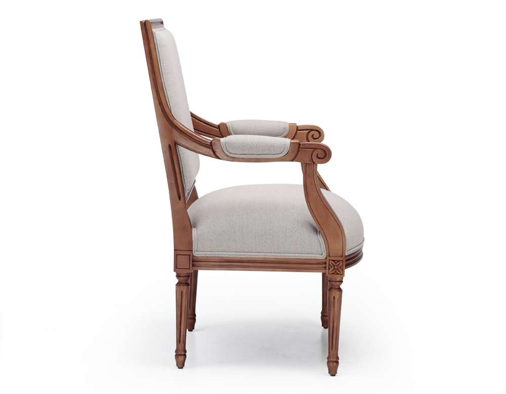 Fauteuil ancien style Louis XVI bois teinte ancienne et tissu beige naturel