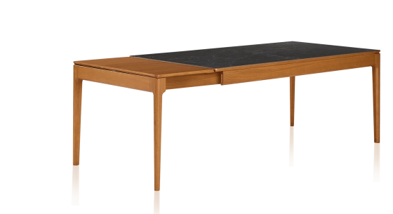 Table extensible 8 à 12 personnes en chêne et céramique allonges bois avec bois teinte merisier et plateau céramique effet ardoise 180x100 cm
