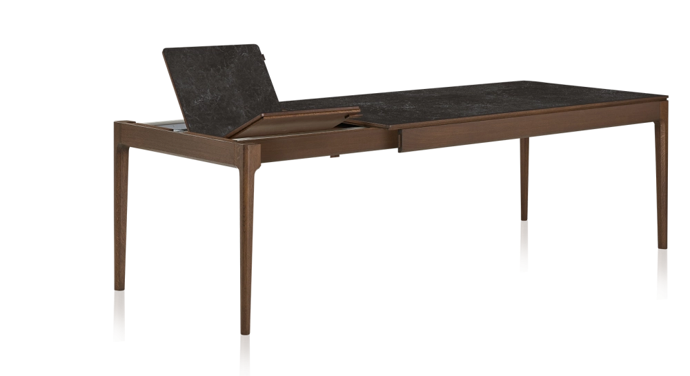 Table extensible en chêne et céramique 6 à 10 personnes allonges céramique avec bois teinte marron foncé et plateau et allonges céramique effet ardoise 140x90 cm