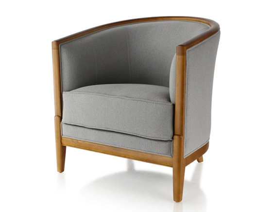 Fauteuil ancien bois teinte merisier et tissu gris clair