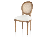 Chaise ancienne style Louis XVI bois teinte ancienne dossier canné assise tissu bouclé blanc