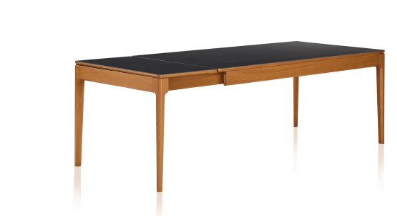 Table extensible en chêne et céramique 6 à 10 personnes allonges céramique avec bois teinte merisier et plateau et allonges céramique noire unie 140x90 cm