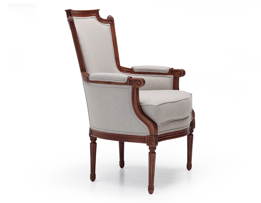 Louis XVI style bergère armchair wood antique stain and natural beige fabric
