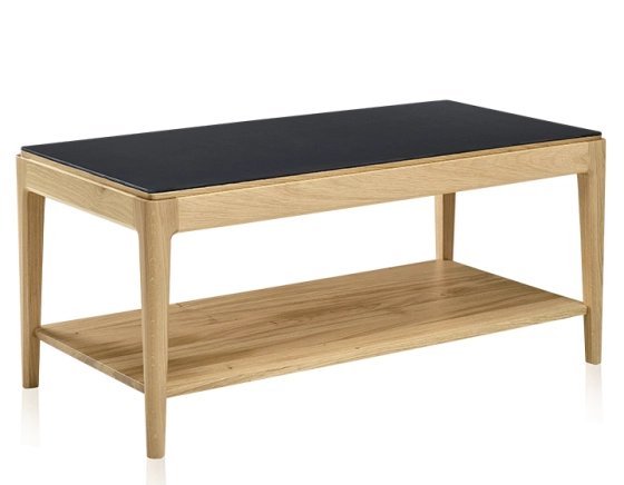 Table basse rectangulaire en chêne et céramique avec tablette en bois teinte naturelle plateau céramique noir unie 100x50 cm