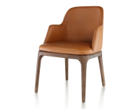 Silla de diseño con reposabrazos madera tintada marrón oscuro y piel caramelo