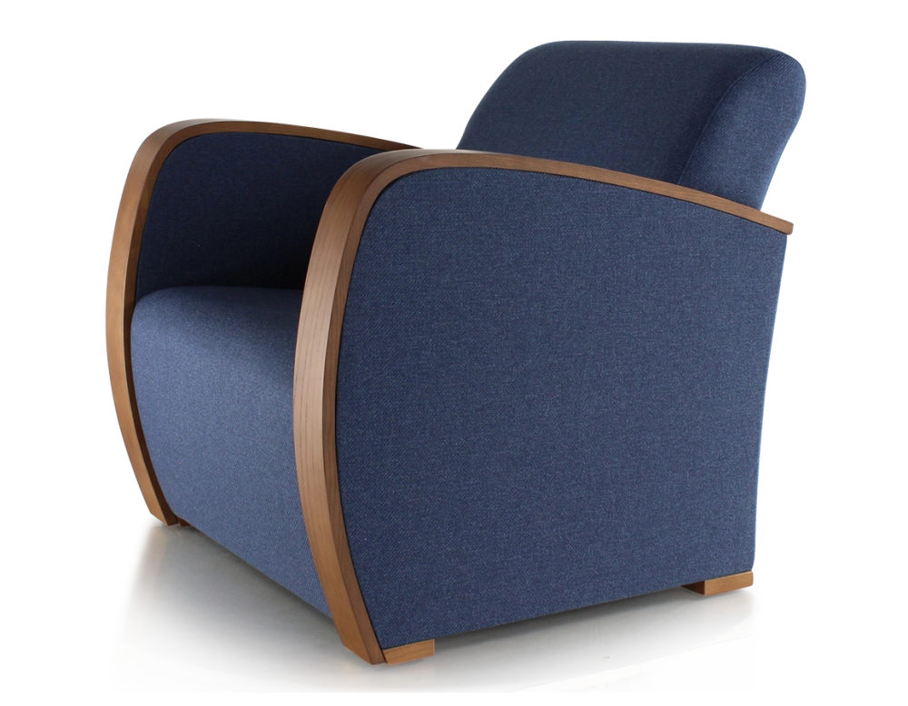 Fauteuil design bois teinte merisier et tissu bleu marine
