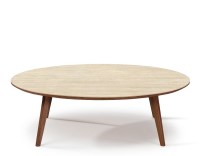 Table basse ronde F1 en noyer et céramique bois teinte naturelle plateau céramique effet pierre travertin 120x120x30 cm
