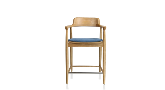 Tabouret de bar h60 cm bois teinte naturelle assise tissu bleu jean
