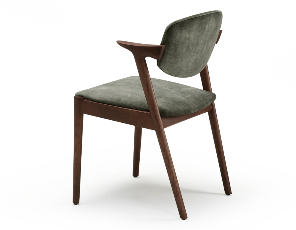 Chaise scandinave bois teinte marron foncé assise tissu velours vert forêt