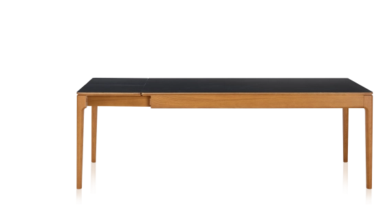 Table extensible 8 à 12 personnes en chêne et céramique allonges céramique avec bois teinte merisier et plateau et allonges céramique noire unie 210x100 cm