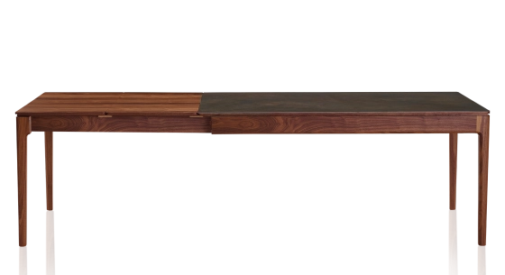 Table extensible 6 à 10 personnes en noyer et céramique allonges bois avec bois teinte naturelle et plateau céramique brun oxydé 160x100 cm