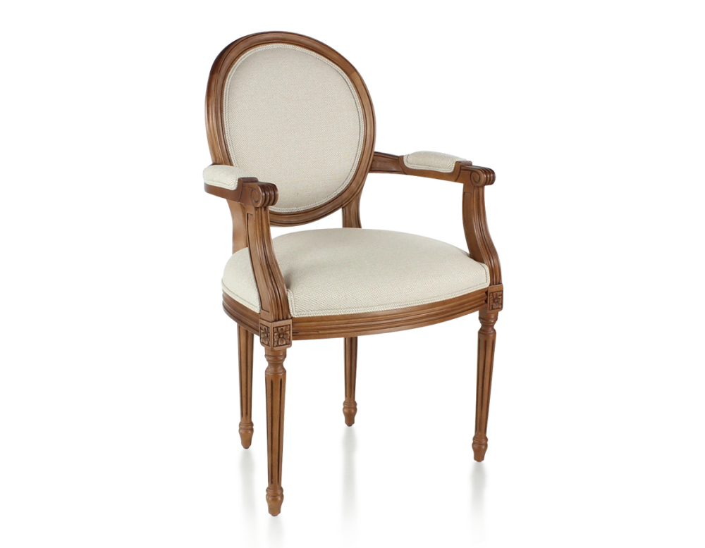Antique Louis XVI style armchair with armrests wood stained in antique style and beige chevron fabric