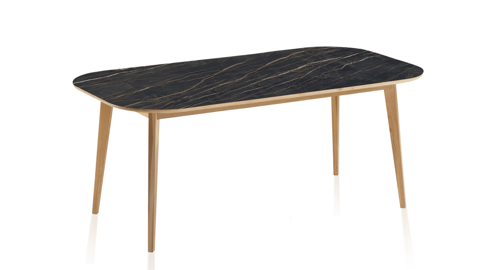 8 person oak and ceramic dining table with natural stained wood and black marble effect ceramic top 210x100 cm