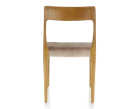 Chaise scandinave bois teinte merisier assise tissu velours taupe clair