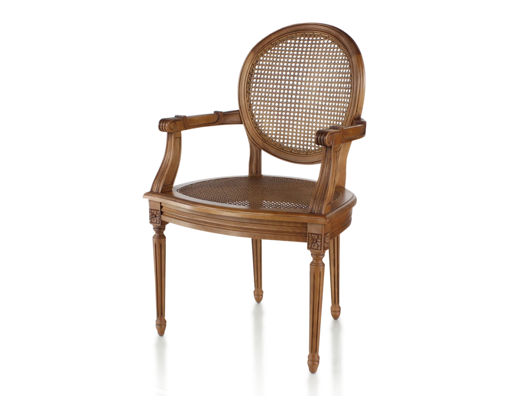 Antique Louis XVI style armchair with armrests wood stained antique seat and back caned