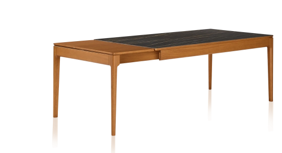 Table extensible 8 à 12 personnes en chêne et céramique allonges bois avec bois teinte merisier et plateau céramique effet marbre noir 210x100 cm