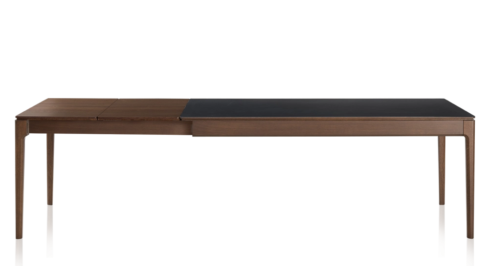 Table extensible 8 à 12 personnes en chêne et céramique allonges bois avec bois teinte marron foncé et plateau céramique noir unie 210x100 cm