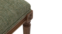 Louis XVI style antique bench wood antique stain and green mottled fabric.
