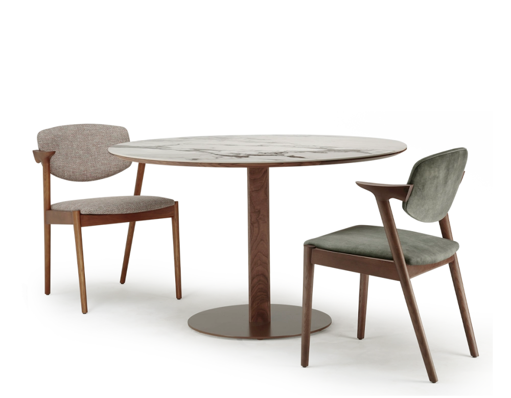 Scandinavian chair cherry wood stain, fabric seat fusion.