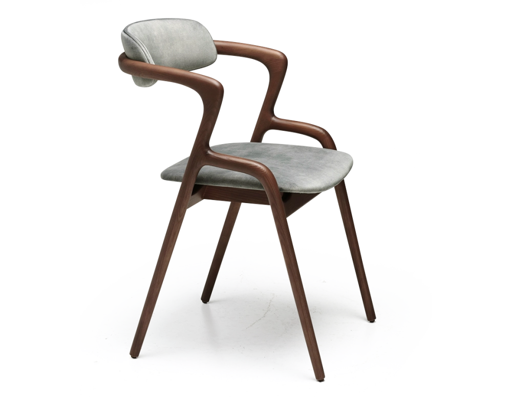 Silla escandinava madera tinte nogal asiento tejido terciopelo gris azul