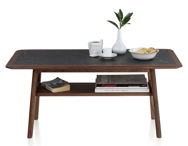 Table basse rectangulaire en noyer et céramique bois teinte naturelle plateau céramique effet ardoise 100x50 cm