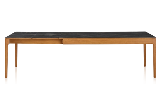 Table extensible 8 à 12 personnes en chêne et céramique allonges céramique avec bois teinte merisier et plateau et allonges céramique effet marbre noir 210x100 cm