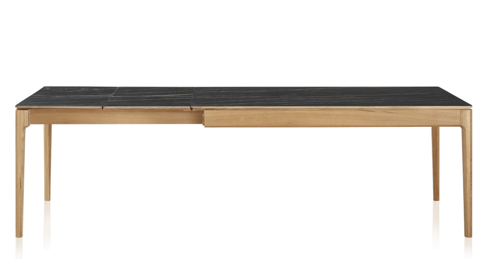 Table extensible 8 à 12 personnes en chêne et céramique allonges céramique avec bois teinte naturelle et plateau et allonges céramique effet marbre noir 180x100 cm