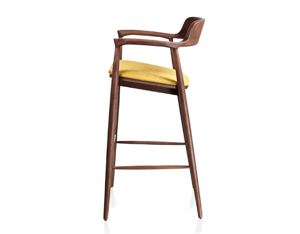 Bar stool h80 cm walnut-stained wood, yellow fabric seat