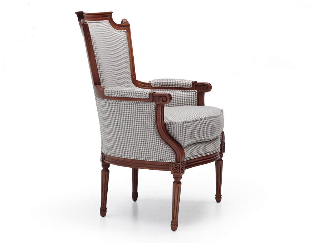 Fauteuil bergère style Louis XVI bois teinte ancienne et tissu pied de poule blanc et taupe