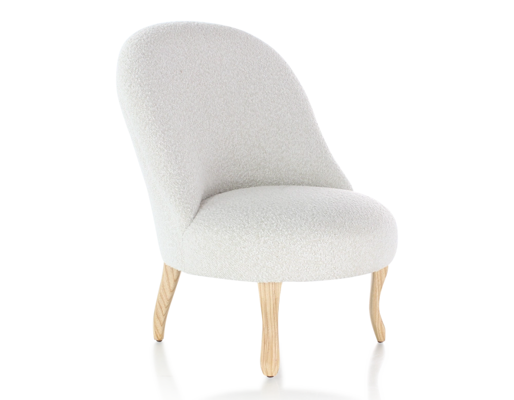 Armless toad chair natural tint wooden legs and white looped fabric
