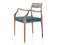 Chaise scandinave avec accoudoirs bois teinte marron foncé assise tissu velours bleu pétrole