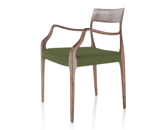 Chaise scandinave avec accoudoirs bois teinte marron foncé assise tissu vert olive