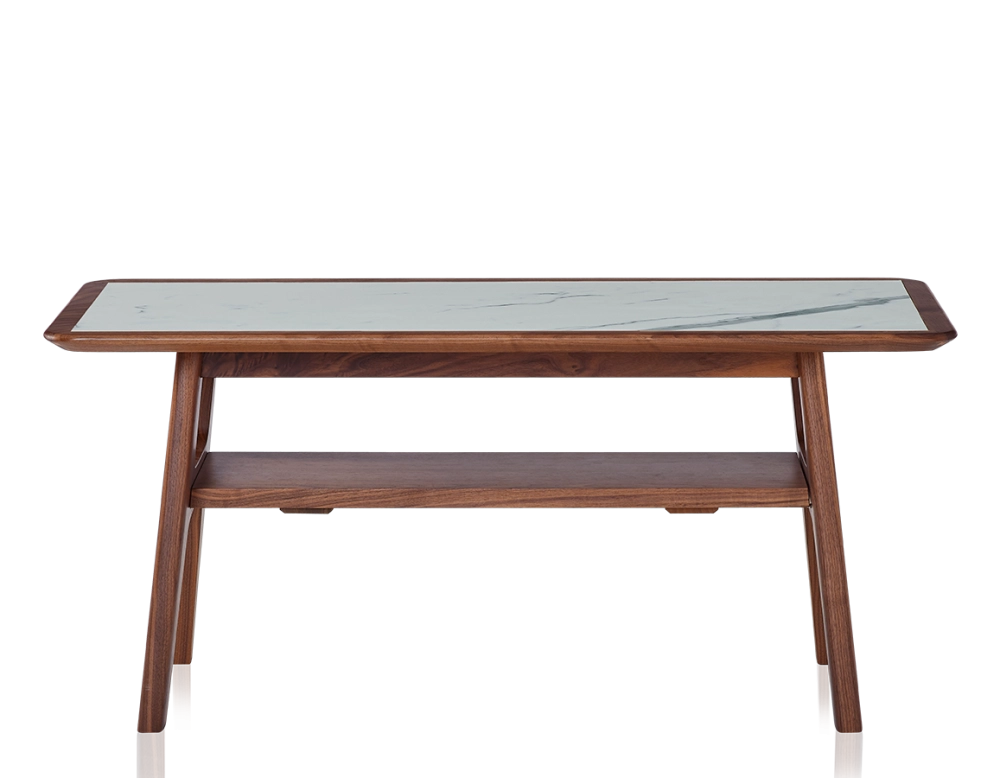Table basse rectangulaire en noyer et céramique bois teinte naturelle plateau céramique effet marbre blanc 100x50 cm