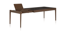 Table extensible 6 à 10 personnes en chêne et céramique allonges bois avec bois teinte marron foncé et plateau céramique effet ardoise 140x90 cm