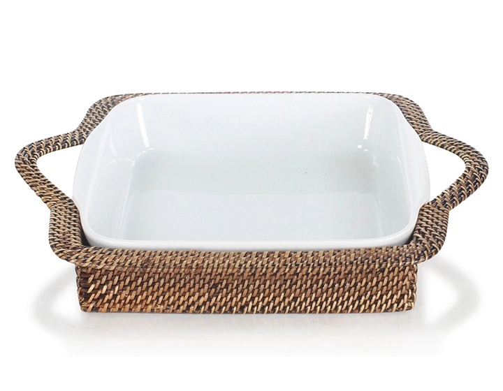 Square porcelain dish with small rattan flower stand