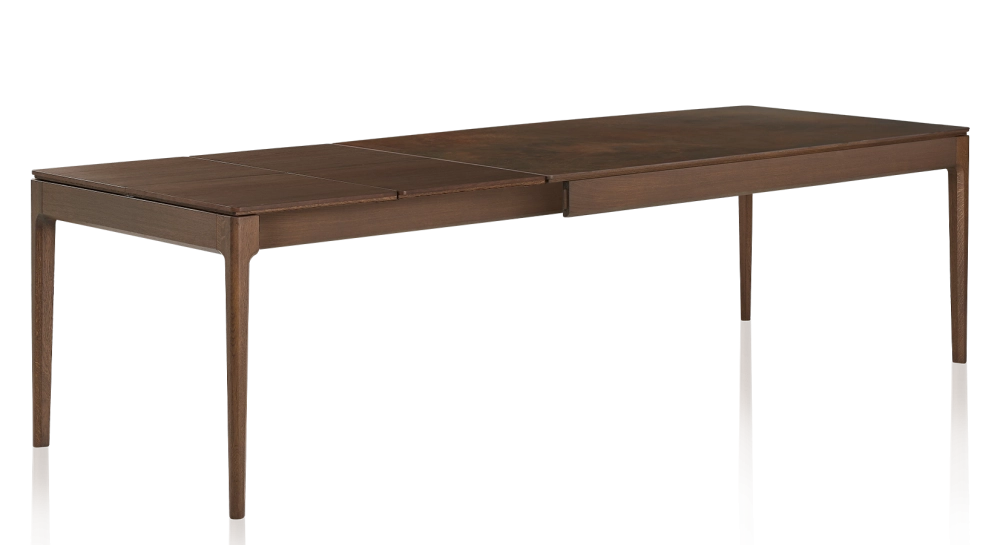 Extendable table for 8 to 12 people in oak and ceramic with wooden extensions with dark brown stained wood and oxidised brown ceramic top 160x100 cm