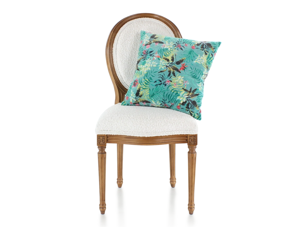 Chaise ancienne style Louis XVI bois teinte ancienne et tissu bouclé blanc