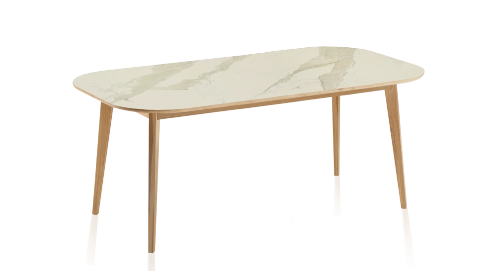 Table salle à manger en chêne et céramique 8 personnes avec bois teinte naturelle et plateau céramique effet marbre blanc 210x100 cm
