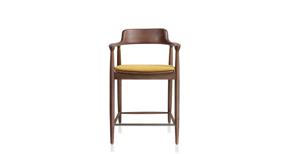 Tabouret de bar h60 cm bois teinte noyer assise tissu jaune