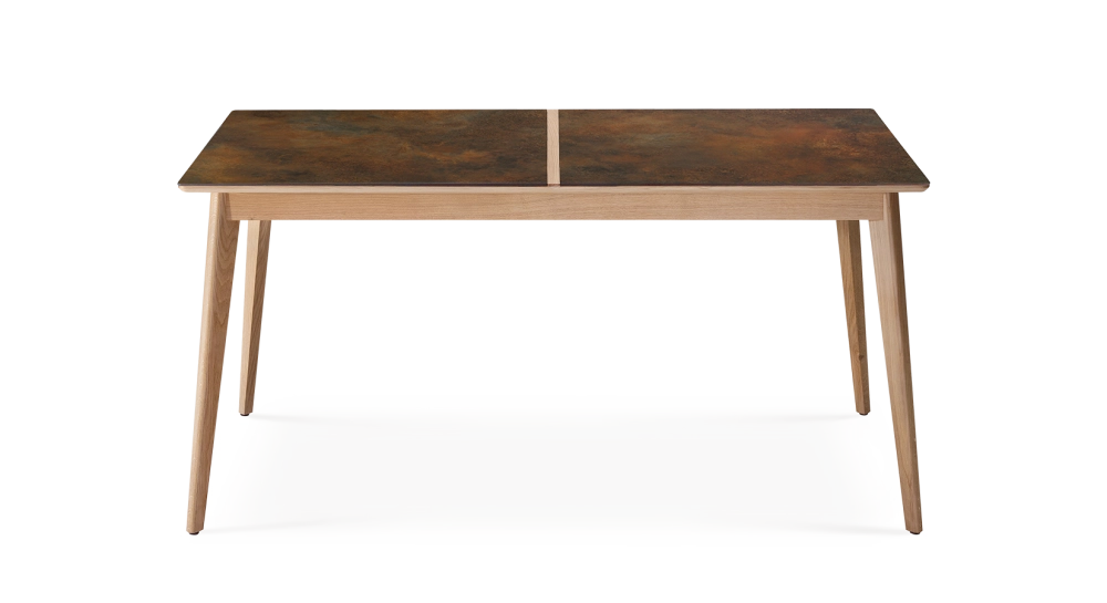 Table salle à manger 6 personnes en chêne et céramique avec bois teinte naturelle et plateau céramique brun oxydé 140x90 cm
