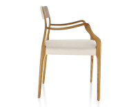Chaise scandinave avec accoudoirs bois teinte merisier assise tissu chevron beige