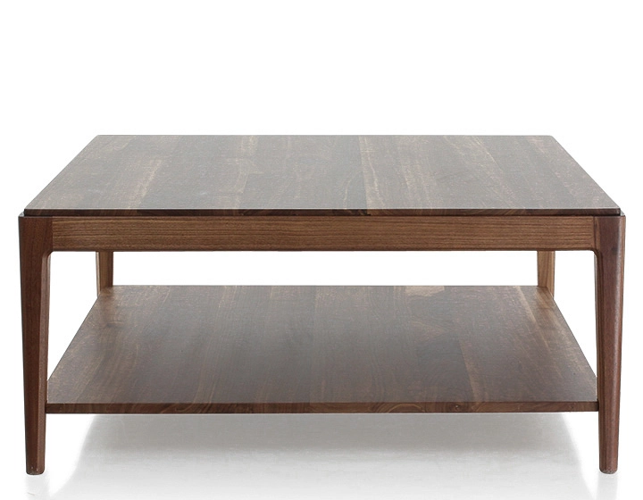 Table basse carrée en noyer avec tablette teinte naturelle 100x100 cm
