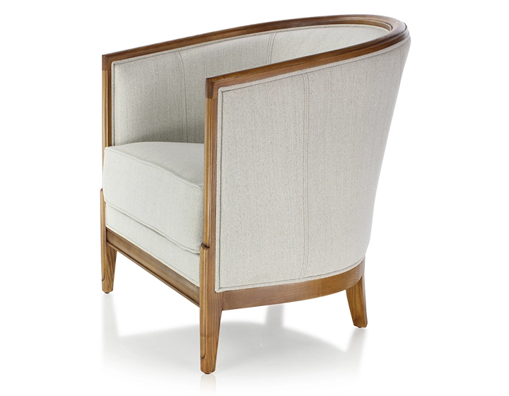 Antique armchair with moulded armrests wood stained antique and natural beige fabric