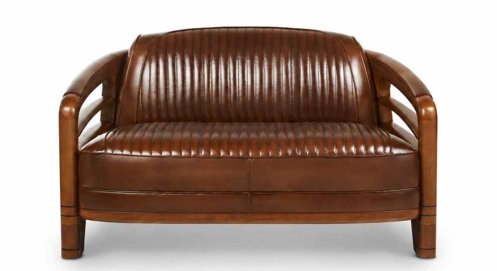 Sofá club de madera y piel de 2 plazas marron vintage