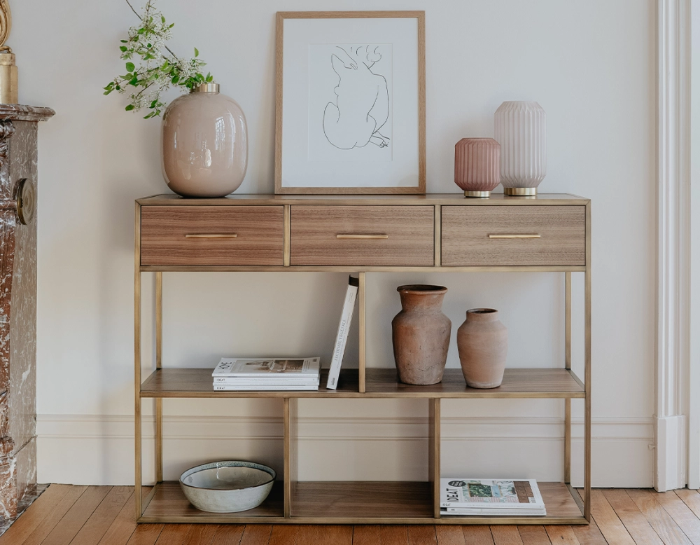 Console design natural tint walnut and brass patina metal