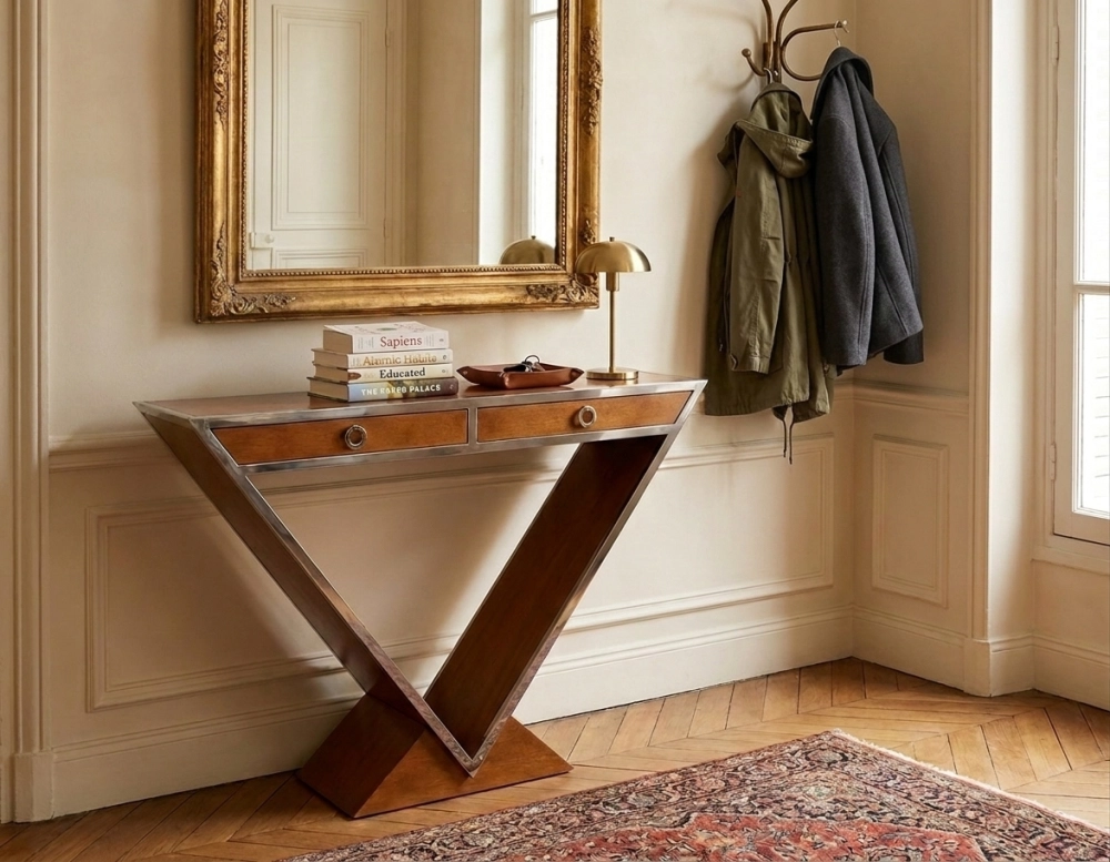 Console art déco double tiroirs bois teinte merisier