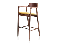 Bar stool h80 cm walnut-stained wood, yellow fabric seat