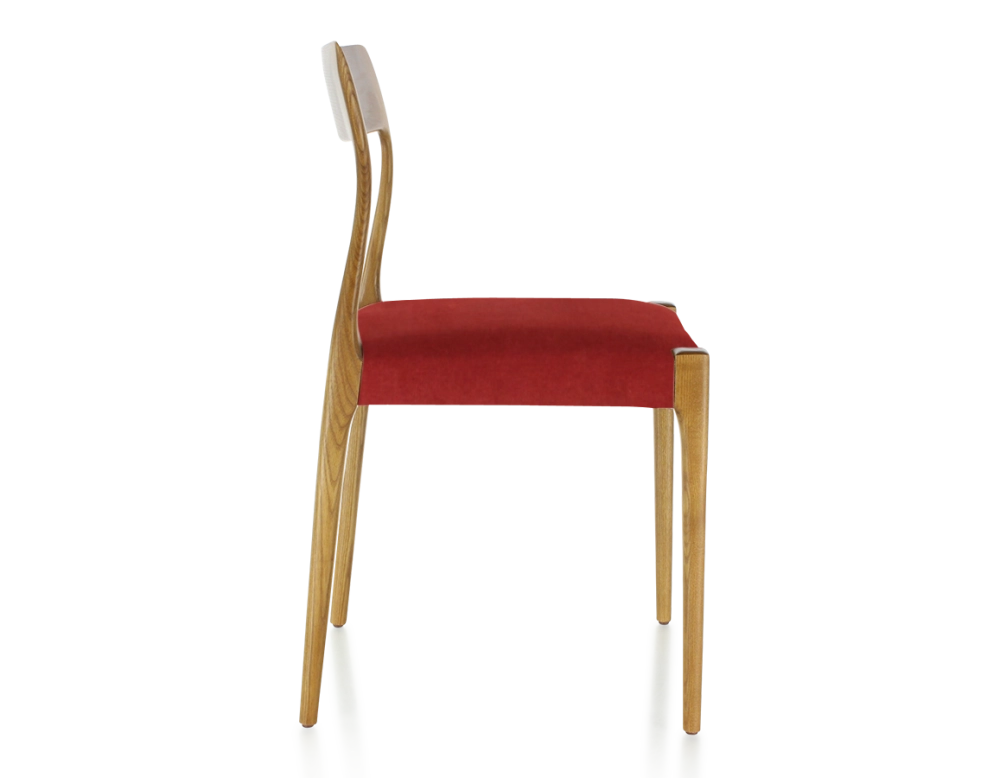 Chaise scandinave bois teinte merisier assise tissu bordeaux