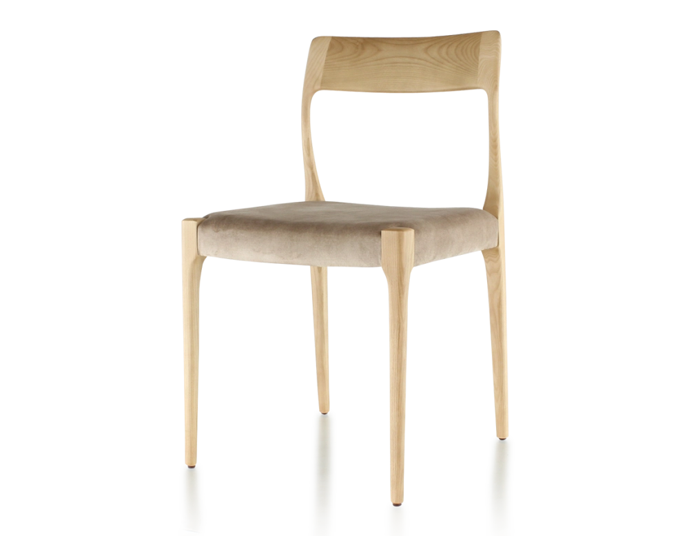 Chaise scandinave bois teinte naturelle assise tissu velours taupe clair