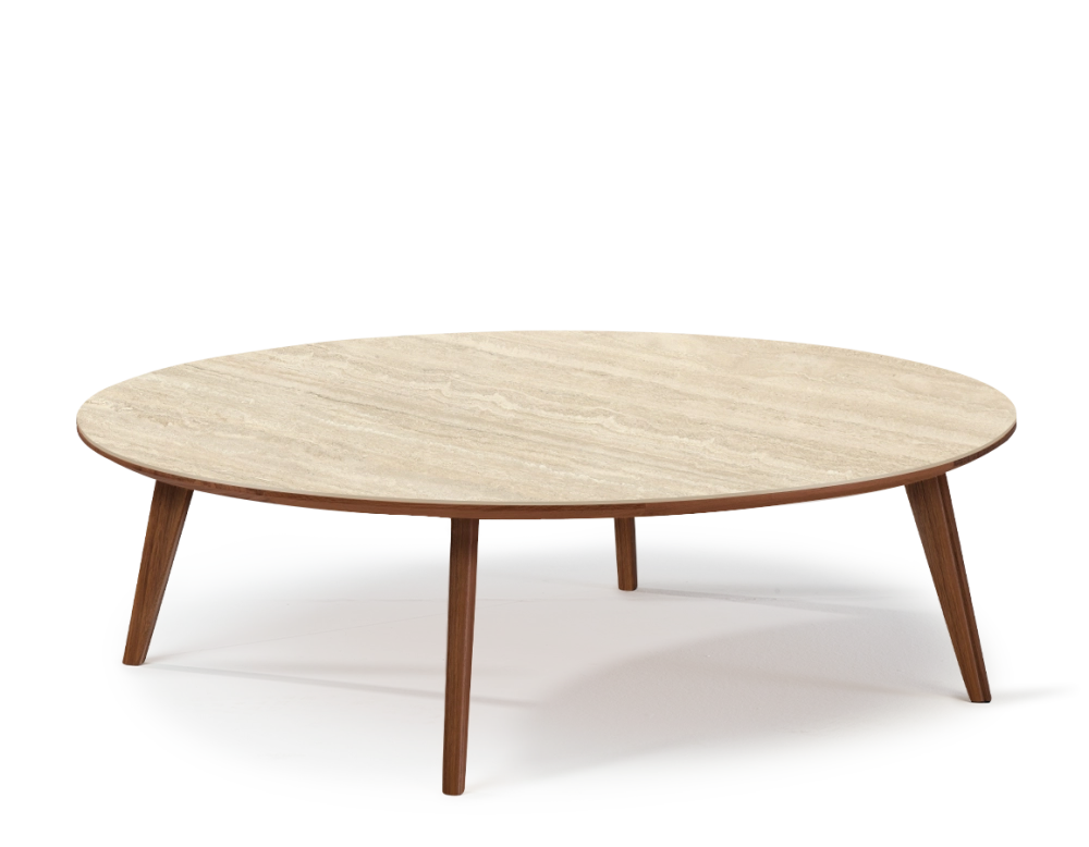 Table basse ronde F1 en noyer et céramique bois teinte naturelle plateau céramique effet pierre travertin 120x120x40 cm